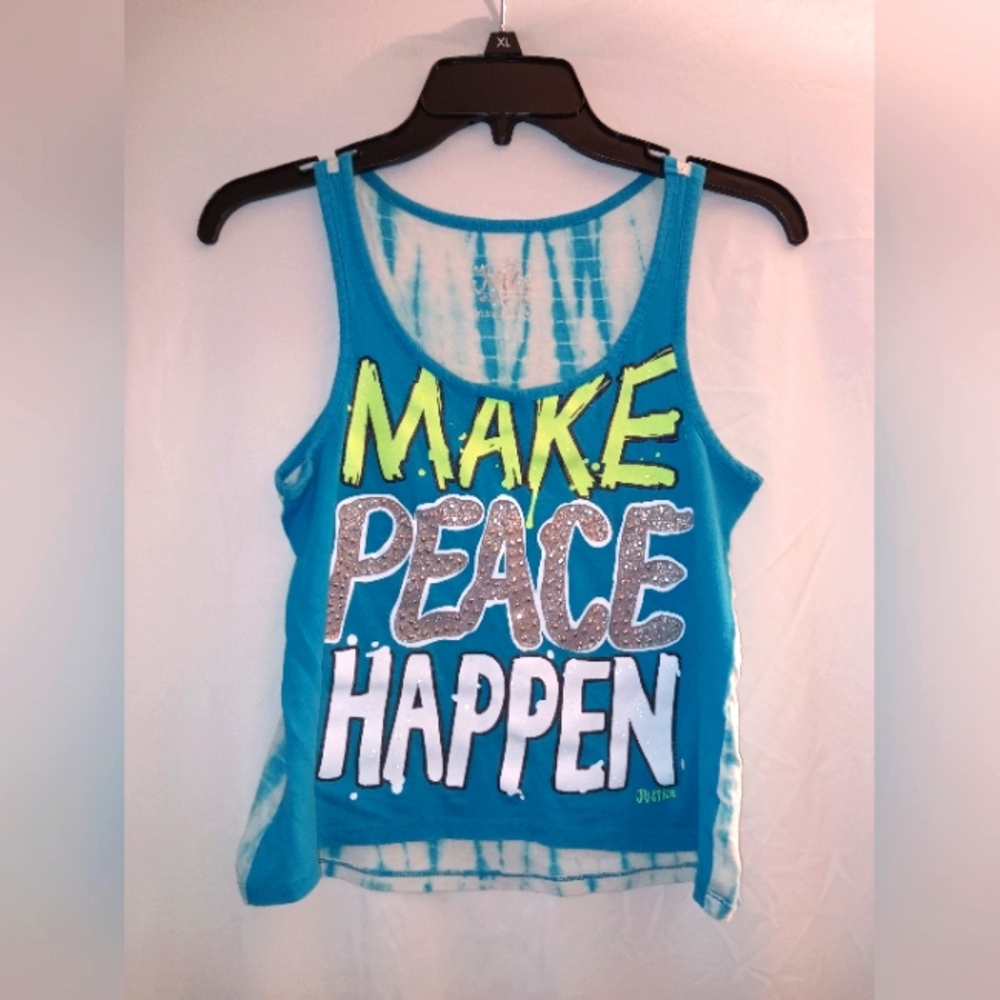 Justice Girls 10 Blue Neon Silver Tie Dye Graphic Sleeveless Tank Top